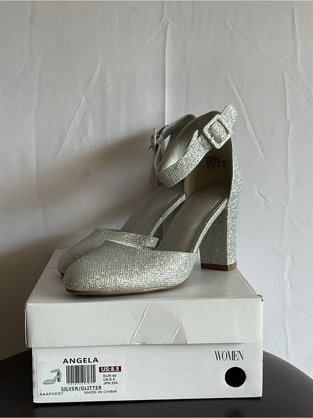 Angel Silver Sparkle Block Heels with Ankle Buckle